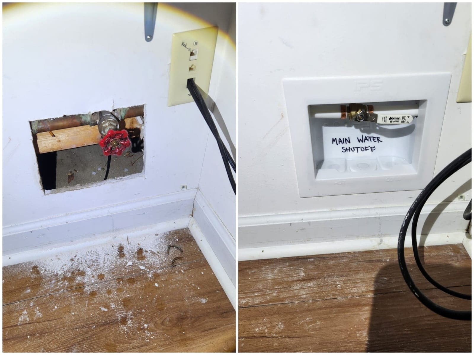 Before and after of a main water shut-off replacement: an old corroded gate valve in an open wall, then a new labelled quarter-turn valve in a finished access box