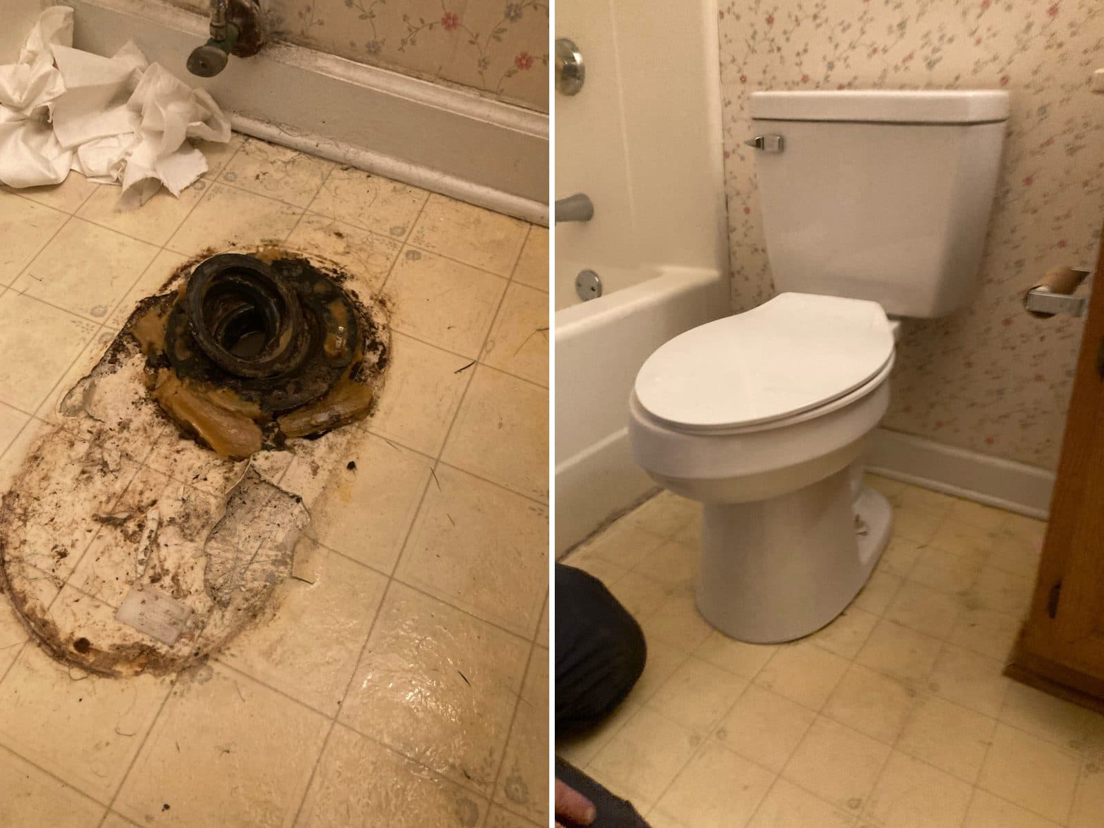 Before and after of a toilet flange replacement: a broken, wax-covered flange on a stained bathroom floor, then the toilet reset and sitting level on the new flange