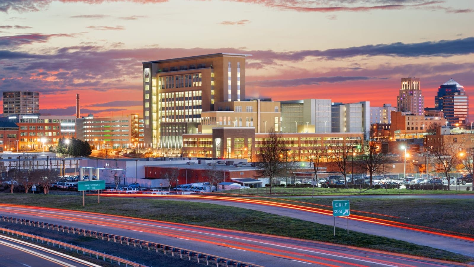 The Durham, North Carolina skyline at dusk