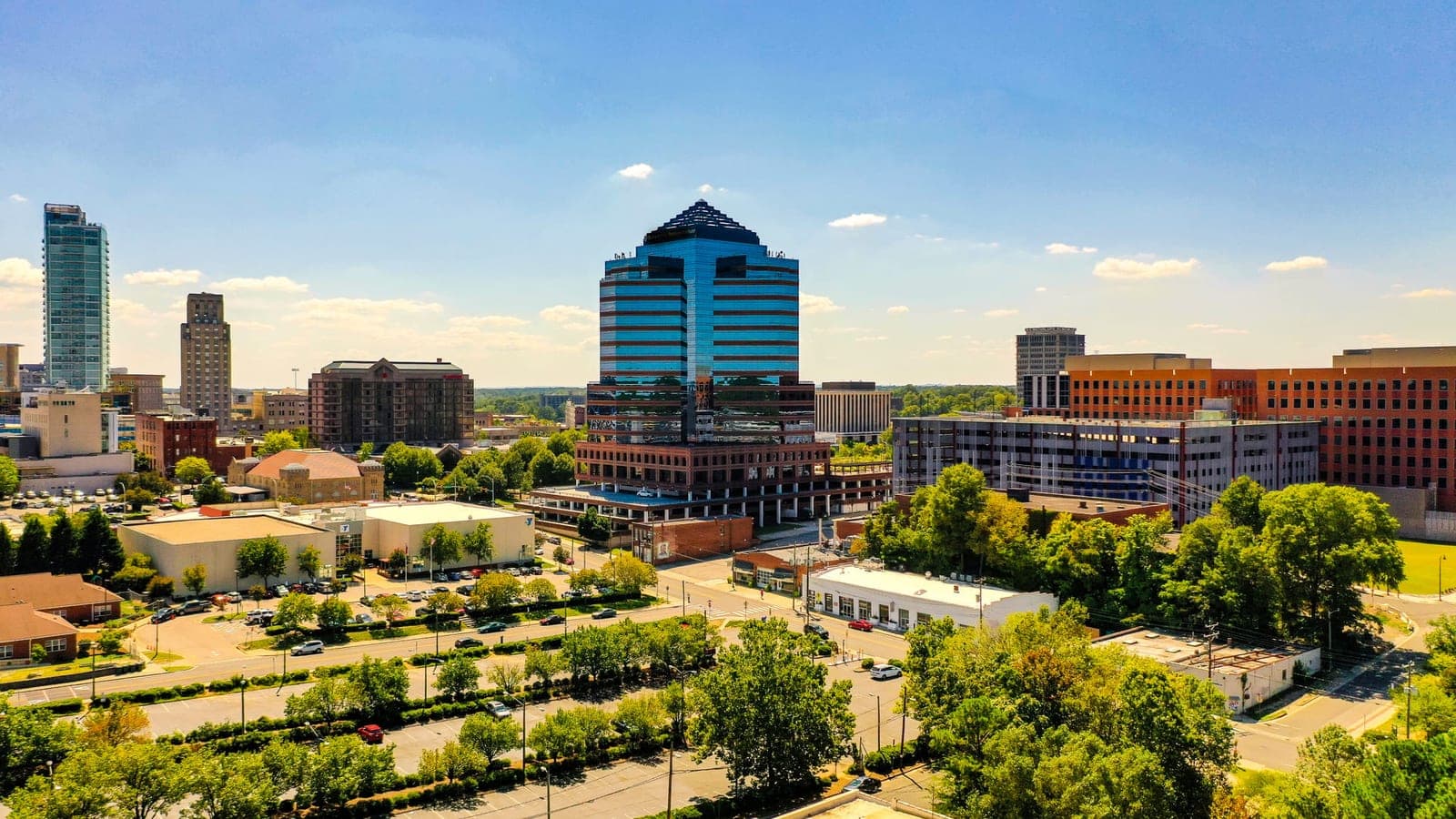 Aerial view of downtown Durham, minutes from Research Triangle Park