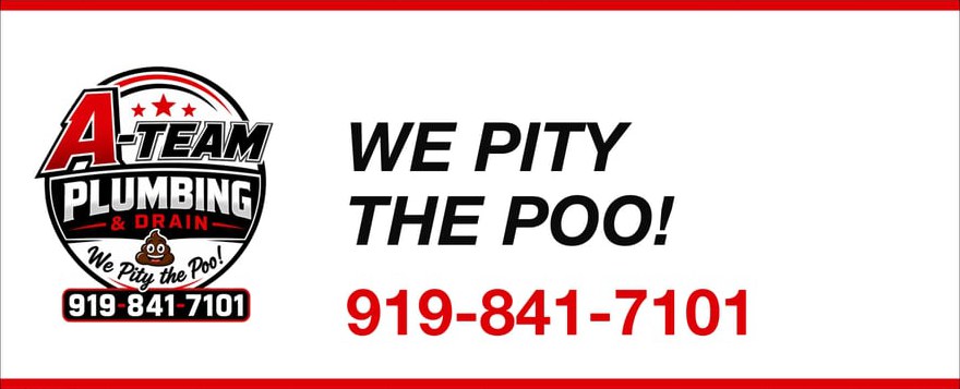 A-Team Plumbing & Drain billboard reading "We Pity the Poo!" with the phone number (919) 841-7101